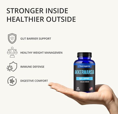 Akkermansia Muciniphila Probiotic - 1 مليار AFU مع 390 مجم من ألياف الإنولين بريبيوتيك - 60 كبسولة، كمية تكفي لمدة شهرين - دعم صحة الأمعاء والتمثيل الغذائي، بروبيوتيك يومي للرجال والنساء in Saudi Arabia