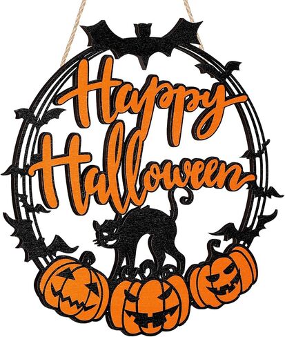 Bucherry Halloween ديكورات الأبواب الخشبية السوداء القطة اليقطين علامة معلقة أكاليل عيد الهالوين السعيدة للوحة الحائط للباب الأمامي للحفلات الخارجية والداخلية in Saudi Arabia