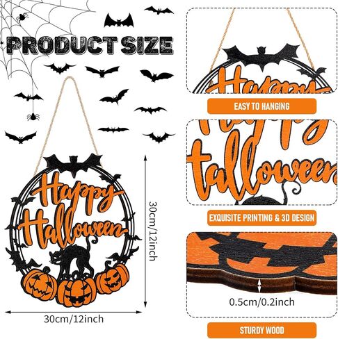 Bucherry Halloween ديكورات الأبواب الخشبية السوداء القطة اليقطين علامة معلقة أكاليل عيد الهالوين السعيدة للوحة الحائط للباب الأمامي للحفلات الخارجية والداخلية in Saudi Arabia