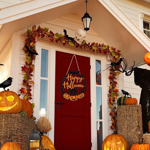 Bucherry Halloween ديكورات الأبواب الخشبية السوداء القطة اليقطين علامة معلقة أكاليل عيد الهالوين السعيدة للوحة الحائط للباب الأمامي للحفلات الخارجية والداخلية in Saudi Arabia