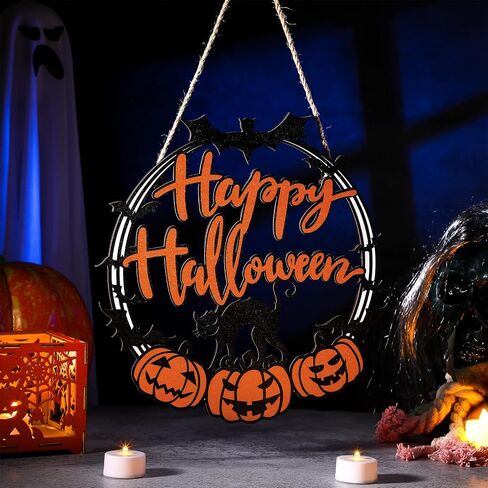 Bucherry Halloween ديكورات الأبواب الخشبية السوداء القطة اليقطين علامة معلقة أكاليل عيد الهالوين السعيدة للوحة الحائط للباب الأمامي للحفلات الخارجية والداخلية in Saudi Arabia