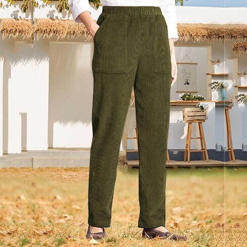 Fall Pants for Older Women Elastic High Waisted Pull On Corduroy Pants with Pockets Soft Comfy Loose Fit Slacks Trousers in Saudi Arabia