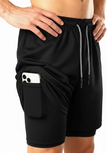 Men's 2 in 1 Workout Running Shorts with Zipper Pockets Lightweight Training Yoga Gym Short Black+Black L in Saudi Arabia