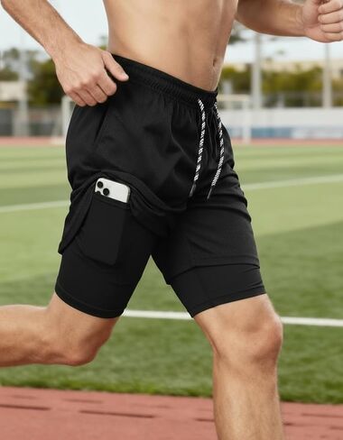 Men's 2 in 1 Workout Running Shorts with Zipper Pockets Lightweight Training Yoga Gym Short Black+Black L in Saudi Arabia