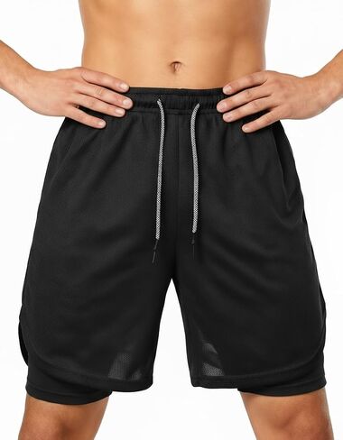 Men's 2 in 1 Workout Running Shorts with Zipper Pockets Lightweight Training Yoga Gym Short Black+Black L in Saudi Arabia