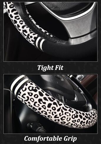 Leopard Short Plush Car Steering Wheel Cover for Women,14.5-15 Inch Universal Soft Anti-Slip Auto Steering Wheel Protector Fit for Cars, Auto, SUV, Trucks (White Black-C) in Kuwait