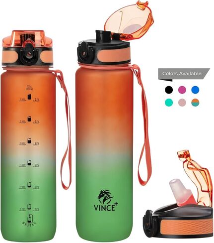 32oz Titan Water Bottle with Time-Marked, 2 Lids (Fast Flow & Straw) - BPA/BPS-Free, Leak-Proof, Airtight, Reusable Water Bottle with Anti-Slip Coating - Perfect for Sports, Hiking (Black) in Saudi Arabia