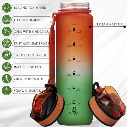 32oz Titan Water Bottle with Time-Marked, 2 Lids (Fast Flow & Straw) - BPA/BPS-Free, Leak-Proof, Airtight, Reusable Water Bottle with Anti-Slip Coating - Perfect for Sports, Hiking (Black) in Saudi Arabia