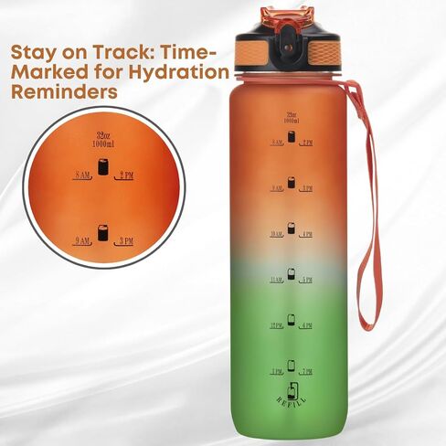 32oz Titan Water Bottle with Time-Marked, 2 Lids (Fast Flow & Straw) - BPA/BPS-Free, Leak-Proof, Airtight, Reusable Water Bottle with Anti-Slip Coating - Perfect for Sports, Hiking (Black) in Saudi Arabia