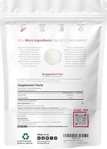 المكونات الدقيقة مسحوق Myo & D-Chiro Inositol، 1 رطل | التوازن الهرموني ودعم صحة المبيض للنساء | 40:1 مكمل الإينوسيتول ذو النسبة المثالية | غير معدل وراثيًا، نباتي، خالي من الحشو (221 حصة) in Kuwait