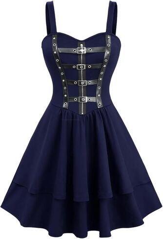 DRESSFO Womens Gothic Victorian Star Zipper PU Strap Buckle Grommet A Line Backless Sleeveless Tank Dress in Saudi Arabia