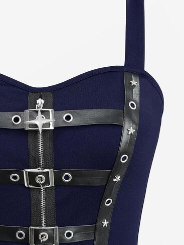 DRESSFO Womens Gothic Victorian Star Zipper PU Strap Buckle Grommet A Line Backless Sleeveless Tank Dress in Saudi Arabia