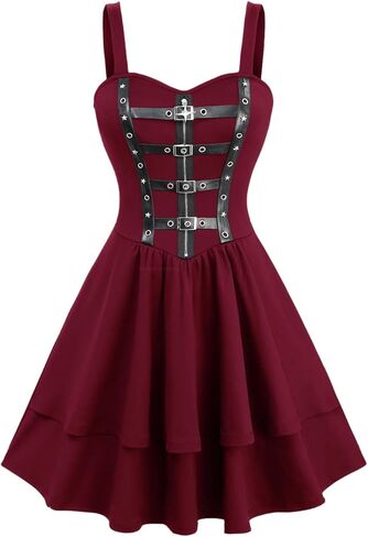 DRESSFO Womens Gothic Victorian Star Zipper PU Strap Buckle Grommet A Line Backless Sleeveless Tank Dress in Saudi Arabia