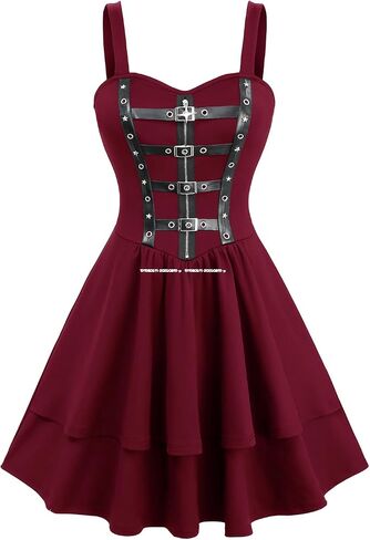 DRESSFO Womens Gothic Victorian Star Zipper PU Strap Buckle Grommet A Line Backless Sleeveless Tank Dress in Saudi Arabia