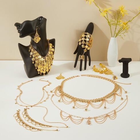 10 Pcs Belly Dance Jewelry Set for Women Gold Plated Sequins Head Chains Vintage Coins Veil Necklace Boho Earrings Bracelets Anklet Indian Style Body Dance Play Accessories Halloween Carnival Cosplay in Kuwait