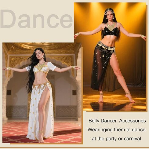 10 Pcs Belly Dance Jewelry Set for Women Gold Plated Sequins Head Chains Vintage Coins Veil Necklace Boho Earrings Bracelets Anklet Indian Style Body Dance Play Accessories Halloween Carnival Cosplay in Kuwait
