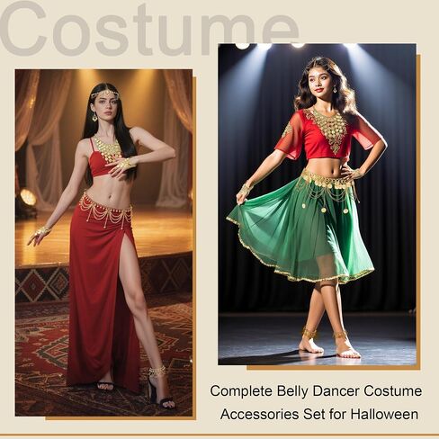10 Pcs Belly Dance Jewelry Set for Women Gold Plated Sequins Head Chains Vintage Coins Veil Necklace Boho Earrings Bracelets Anklet Indian Style Body Dance Play Accessories Halloween Carnival Cosplay in Kuwait