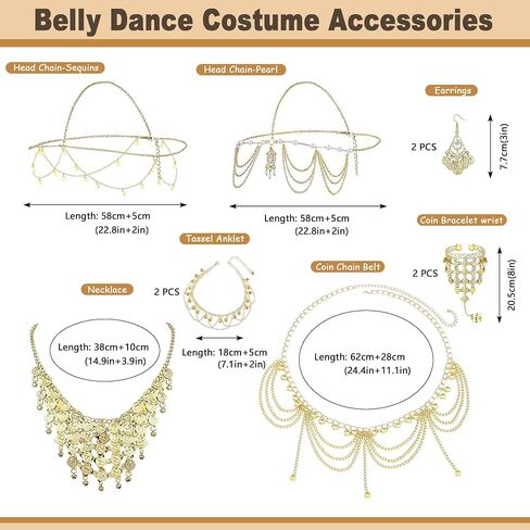 10 Pcs Belly Dance Jewelry Set for Women Gold Plated Sequins Head Chains Vintage Coins Veil Necklace Boho Earrings Bracelets Anklet Indian Style Body Dance Play Accessories Halloween Carnival Cosplay in Kuwait