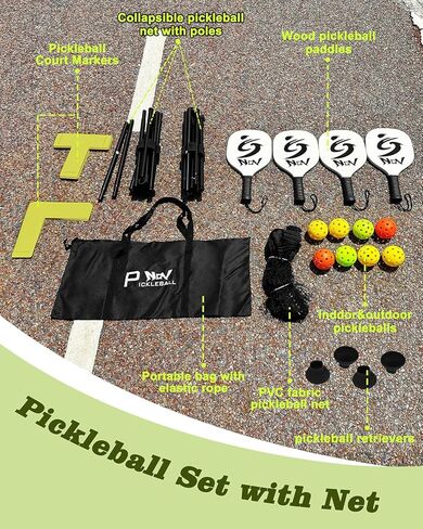 NQV Pickleball Set with Net,10FT Half Court Size Pickleball Net Portable Outdoor Indoor Driveway Home+4 Wood Paddles+4 Pickle Balls+4 Ball Retrievers, Pickleball Set for Adults Kids Beginners Pros in Kuwait