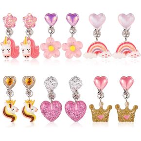 6 Pairs Colorful Clip On Drop Earrings, Resin Clip On Earrings Unicorn Rainbow Non-Pierced Princess Clip On Earrings for Dress Up Princess Jewelry Accessories in Saudi Arabia