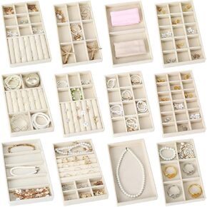 12pcs Stackable Jewelry Organizer, Velvet Jewelry Drawer Storage Organizers Tray with Removable Dividers, Jewelries Storage Display Case for Earring Necklace Bracelet Ring in Saudi Arabia
