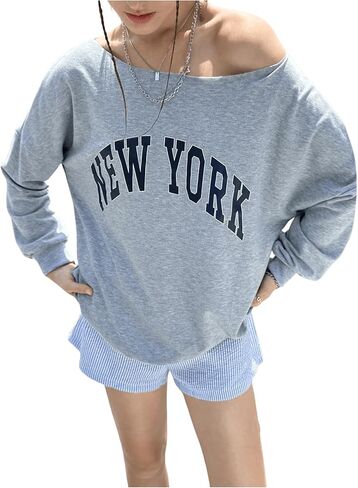 SHENHE Women's Off Shoulder Oversized Graphic Sweatshirt Vintage Preppy Sweatshirt Pullover in Saudi Arabia