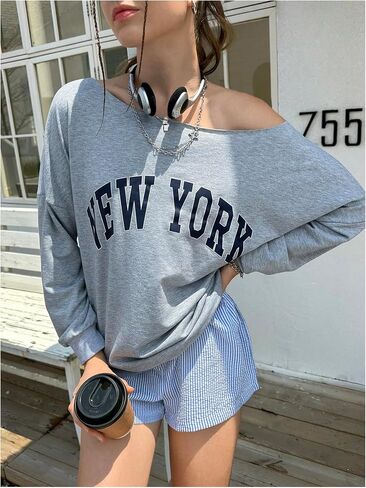 SHENHE Women's Off Shoulder Oversized Graphic Sweatshirt Vintage Preppy Sweatshirt Pullover in Saudi Arabia