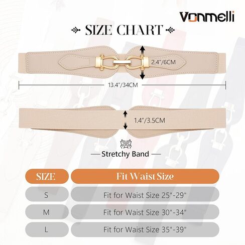 أحزمة مرنة واسعة من VONMELLI للنساء، حزام خصر للسيدات قابل للتمدد، مشبك ذهبي أنيق، أحزمة نسائية سميكة عتيقة للفستان in Kuwait
