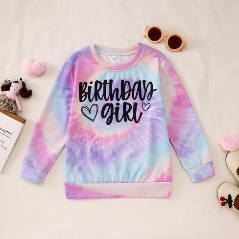 BOUTIKOME Birthday Sweatshirts Girls Toddler Kid Tie Dye Long Sleeve Shirt B-day Outfits Gifts Party Pullover Fall Tops 3-10Y in Saudi Arabia