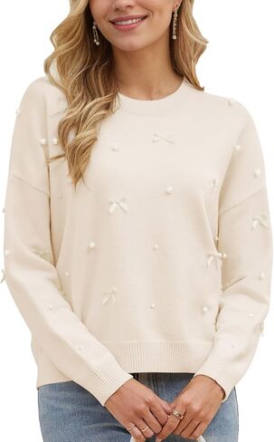 Kedera Fall Sweaters for Women Long Sleeve Crewneck Knit Embellished Bow Tops Loose Fit Y2K Casual Pullover with Pearls in Saudi Arabia