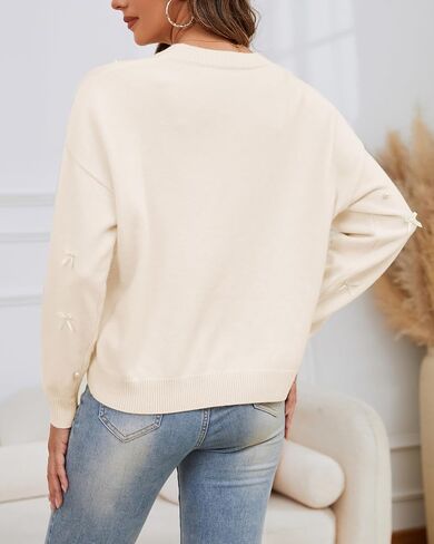 Kedera Fall Sweaters for Women Long Sleeve Crewneck Knit Embellished Bow Tops Loose Fit Y2K Casual Pullover with Pearls in Saudi Arabia