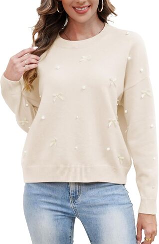 Kedera Fall Sweaters for Women Long Sleeve Crewneck Knit Embellished Bow Tops Loose Fit Y2K Casual Pullover with Pearls in Saudi Arabia