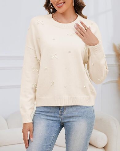 Kedera Fall Sweaters for Women Long Sleeve Crewneck Knit Embellished Bow Tops Loose Fit Y2K Casual Pullover with Pearls in Saudi Arabia
