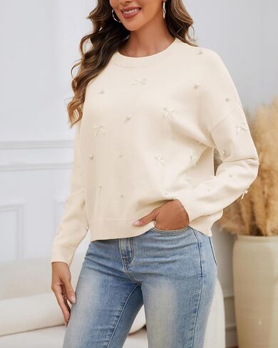 Kedera Fall Sweaters for Women Long Sleeve Crewneck Knit Embellished Bow Tops Loose Fit Y2K Casual Pullover with Pearls in Saudi Arabia