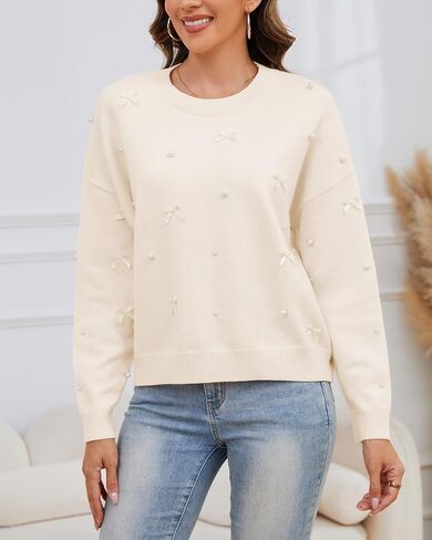 Kedera Fall Sweaters for Women Long Sleeve Crewneck Knit Embellished Bow Tops Loose Fit Y2K Casual Pullover with Pearls in Saudi Arabia
