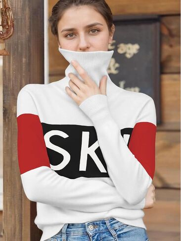 LCXWFE Womens Ski Sweaters Color Block Long Sleeve Turtleneck Pullover Sweater Trendy Knitwear Tops in Saudi Arabia