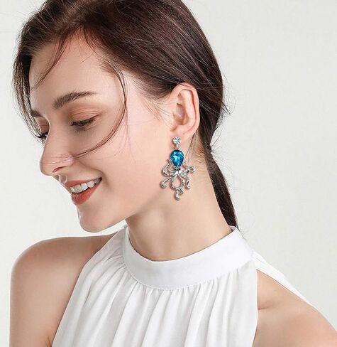 EVER FAITH Women's Rhinestone Crystal Little Octopus Animal Dangle Earrings Silver-Tone in Saudi Arabia