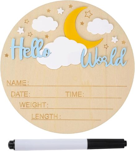 لافتة Hello World لحديثي الولادة، 5.9 بوصة دائرية خشبية على شكل سحاب قمري لإعلان اسم الطفل، لوحة ميلاد مرحبًا بك في لوحة العالم دعائم الصور لاستحمام الأطفال في الحضانة والمستشفيات in Kuwait