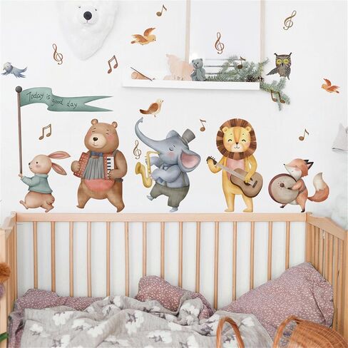 Jungle Baby Animals Wall Decals Elephant Bear Lion Safari Animals Forest Playing Musical Notes Wall Stickers Removable Peel and Stick Baby Nursery Kids Room Daycare Wall Decor in Saudi Arabia