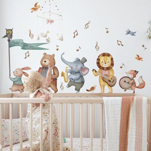 Jungle Baby Animals Wall Decals Elephant Bear Lion Safari Animals Forest Playing Musical Notes Wall Stickers Removable Peel and Stick Baby Nursery Kids Room Daycare Wall Decor in Saudi Arabia