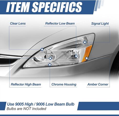 Auto Dynasty Headlights Assembly Compatible with 2003-2007 Honda Accord, Driver Left Side Halogen Headlamps Replacement, OE Style HO2502120, Chrome Housing Amber Corner in Saudi Arabia