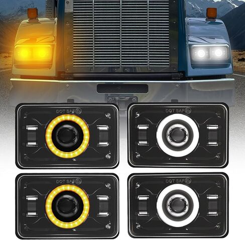 مصابيح أمامية LED 4 × 6 [معتمدة من DOT] مع ضوء إشارة الانعطاف باللون الأزرق DRL الكهرمان [شعاع عالي منخفض مختوم] متوافق مع شاحنات Peterbilt 379 Kenworth T800 T600 Freightinger Ford Probe Ol-dsmobile in Kuwait