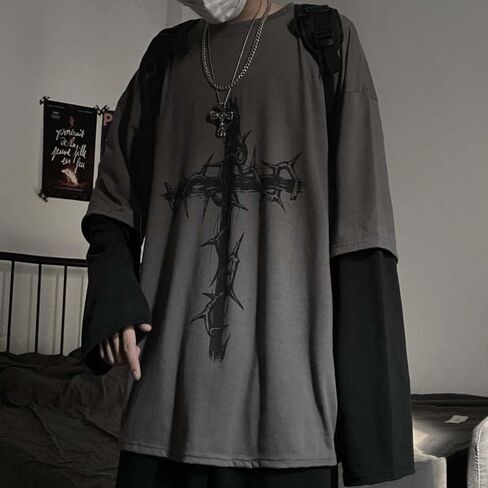 Unisex Goth Shirt Y2K Skeleton Shirt Long Sleeve Baggy Shirts Dark Academia Streetwear Grunge Clothes in Kuwait