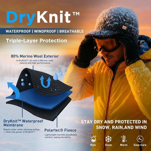 DryKnit™ Waterproof Merino Wool L/XL/XXL Beanie Hat with Brim Visor Cap Warm Winter Knit Hat for Men Women in Saudi Arabia