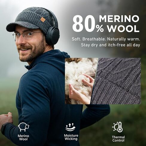 DryKnit™ Waterproof Merino Wool L/XL/XXL Beanie Hat with Brim Visor Cap Warm Winter Knit Hat for Men Women in Saudi Arabia