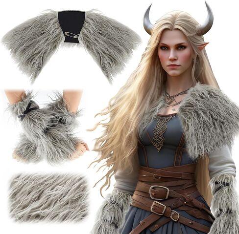 Geyoga 3 Pcs Women Viking Costume Faux Woolen Fur Collar Shawl Cuffs Medieval Outfit Accessories for Halloween Cosplay in Saudi Arabia