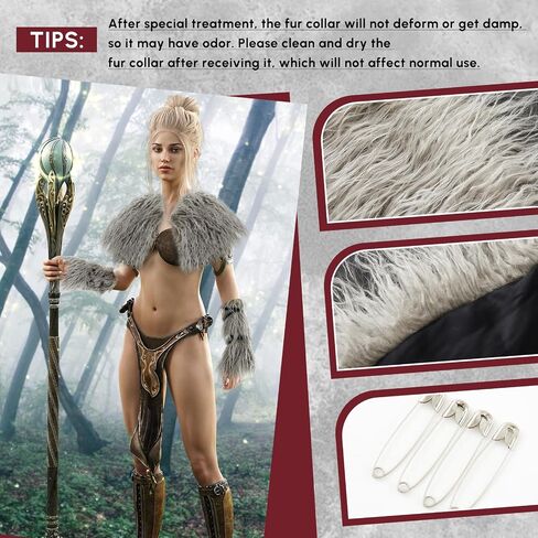 Geyoga 3 Pcs Women Viking Costume Faux Woolen Fur Collar Shawl Cuffs Medieval Outfit Accessories for Halloween Cosplay in Saudi Arabia