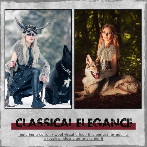Geyoga 3 Pcs Women Viking Costume Faux Woolen Fur Collar Shawl Cuffs Medieval Outfit Accessories for Halloween Cosplay in Saudi Arabia