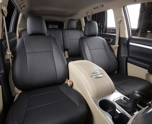 مقاس مخصص لسيارة Toyota Highlander 2015-2019 3 صفوف و8 مقاعد أغطية مقاعد تغطية كاملة من الجلد الصناعي المقاوم للماء ووسادة هوائية متوافقة (أسود) in Kuwait