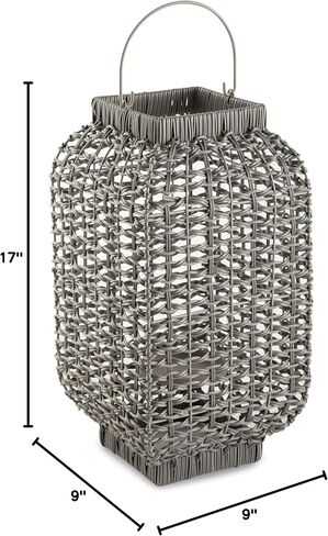 Signature Design by Ashley Evonne 17" Indoor/Outdoor Casual Square Faux Rattan Lantern for One 3" Pillar Candle, Light Gray in Saudi Arabia
